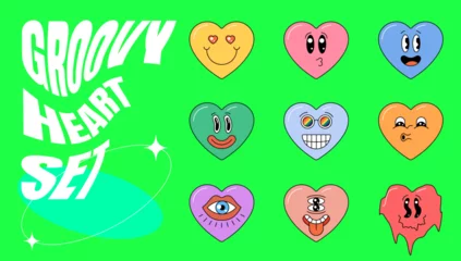 Fotobehang Retro groovy style heart shape set. Psychedelic hippie crazy love character collection. Vintage hippy various emoji valentines sticker pack. Emoticon mascots abstract trendy y2k vector illustration © Azat Valeev