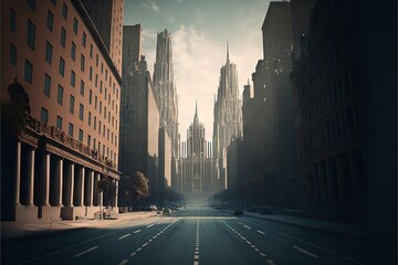  a city street with tall buildings and a sky background with clouds in the distance and a car driving down the street in the middle of the middle of the street. Generative AI