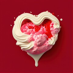 White and pink heart shaped ice cream in a waffle cone with topping on red solid background. St. Valentine's Day food design concept