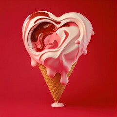 Pink heart shaped ice cream in a waffle cone with topping on red solid background. St. Valentine's Day food design concept