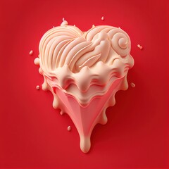 Pink heart shaped ice cream in a waffle cone with topping on red solid background. St. Valentine's Day food design concept