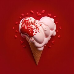 Pink heart shaped ice cream in a waffle cone with topping on red solid background. St. Valentine's Day food design concept