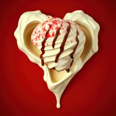Vanilla heart shaped ice cream in a waffle cone with topping on red solid background. St. Valentine's Day food design concept