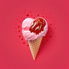 Pink heart shaped ice cream in a waffle cone with topping on red solid background. St. Valentine's Day food design concept