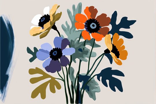  a painting of flowers in a vase with leaves on a white background with a blue circle around it and a blue circle around the bottom of the picture is a blue circle with a black. Generative AI