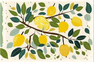  a lemon tree with lemons and leaves on a white background with a green border around it and a white background with a green border and yellow leaves and a white border with a green. Generative AI
