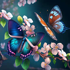 butterflies tender bright beautiful perfect against the background of branches of a flowering spring tree very gentle and cute on a pastel background