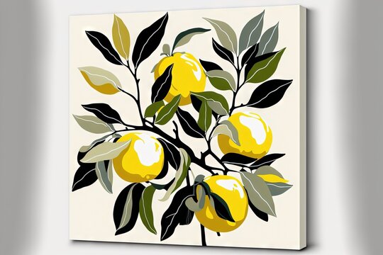  a painting of a branch with lemons on it, with leaves and buds on it, against a white background, with a light gray wall behind it, and a white wall,. Generative AI