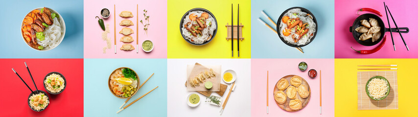 Set of tasty Chinese dishes on color background