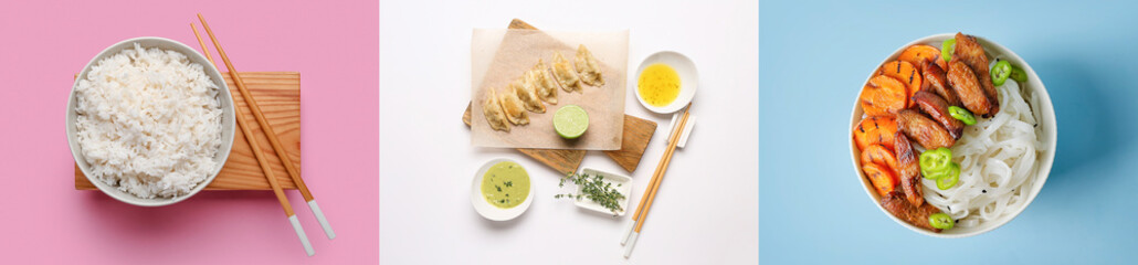 Collection of tasty Chinese dishes on color background