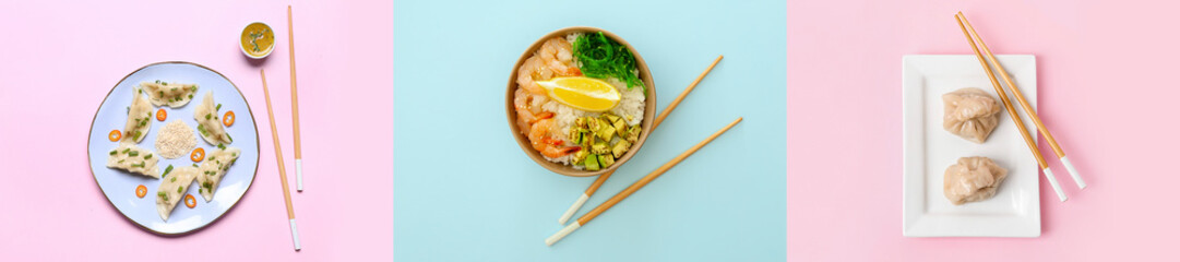 Group of tasty Chinese dishes on color background