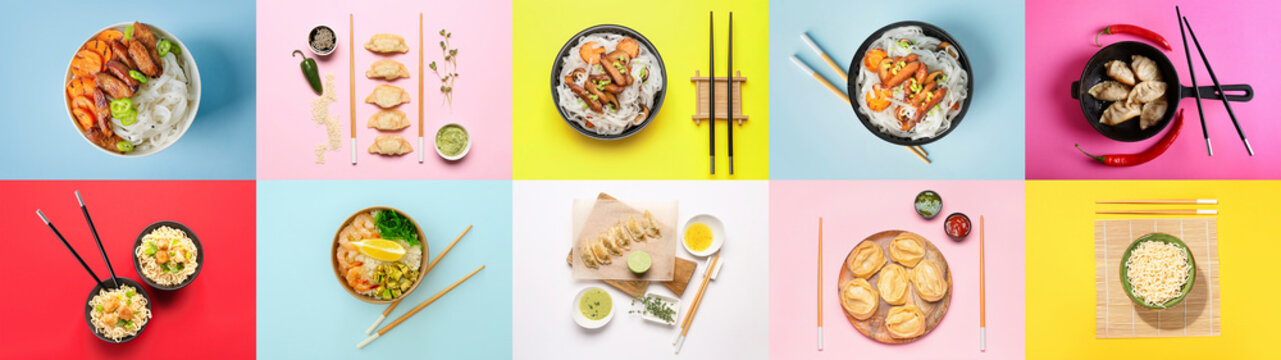 Set of tasty Chinese dishes on color background