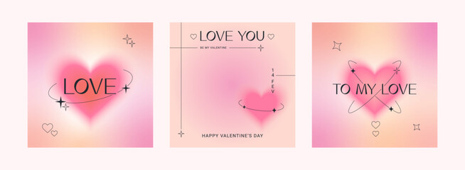 Happy Valentine's Day square greeting cards. Trendy gradients, blurred shapes, typography, y2k. Social media stories templates. Vector illustration for mobile apps, banner design and web ads.