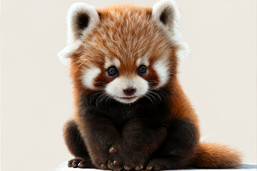Fototapeta premium A cute baby red pandasitting, white background, generative ai