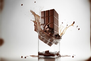  a chocolate bar is falling into a glass of water with a splash of chocolate on top of it and splashing out of the glass to the side of the glass, with the chocolate. Generative AI