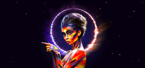 Girl in a glowing neon circle. Woman in color body painting on face. Design for a nightclub or mall poster. Download a photo for a mockup with discounts, promotions, announcements