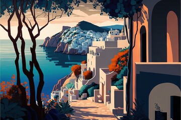  a painting of a street with a view of the ocean and a town on the cliff side with trees and bushes on either side of the road and a cliff with a body of water. Generative AI
