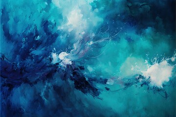  a painting of a blue ocean with white clouds and blue water and a black bird flying over it, with a blue sky and white cloud background behind it, and a blue sky with white. Generative AI 