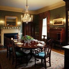 Elegant and Cozy Dining Room design, wooden furnitures and candles, dressed table, luminous and classy. Diner room illustration. Generative AI.