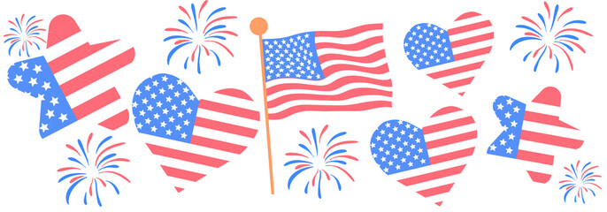 Happy 4 July Independence Day, National American Day illustration. Hearth, splashes, symbols. - obrazy, fototapety, plakaty