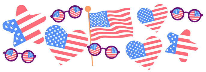 Happy 4 July Independence Day, National American Day illustration. Hearth, splashes, glasses, flag, symbols.