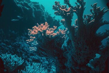 Naklejka na ściany i meble a coral reef with a fish swimming by it's corals and corals on the water's surface, with a blue background of water and corals and corals,. Generative AI 