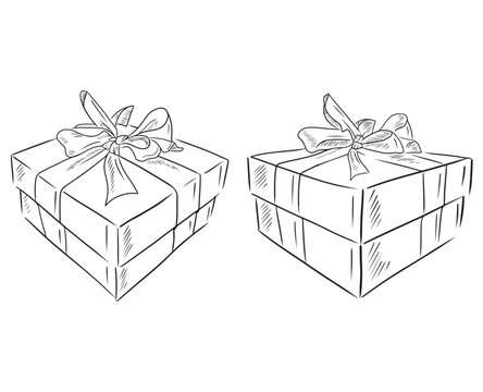 Set of gift boxes with ribbon and bow isolated on white background. Hand drawn vector sketch illustration in doodle simple vintage engraved style. HAppy birthday gift, Christmas present, holiday.