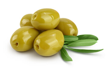 Green olives with leaves isolated on a white background with full depth of field.