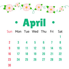 Fototapeta na wymiar April 2023 Calendar planner in pastel color with Flowers, week starts on Sunday, template Illustration. Vector graphic page. Calendar Vector Template.