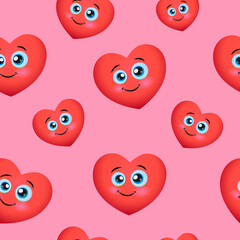 Seamless Pink Pattern with Red Smile Hearts. Smiling Hearts repeated background. Usable for wrapping paper, covers, textile, etc.