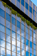 modern office building with plants and glass facade, exterior view background.
