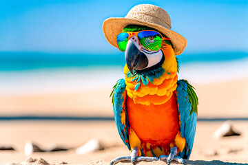 colorful spectacled macaw and straw hat on the beach with sea in the background