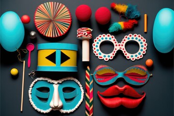 Preparing the carnival. Aerial view of everything you need: mask, costume, glasses . Generative AI
