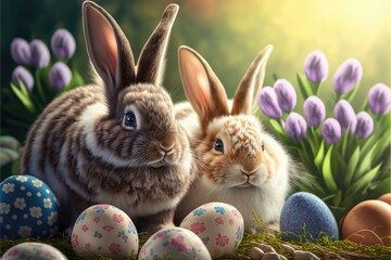 Fototapeta na wymiar Generative AI two fluffy bunny with colored easter eggs, nature background