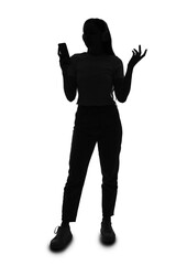 Silhouette of young woman in headphones with mobile phone on white background