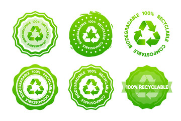 100 percent Recyclable Compostable Biodegradable. Recycle Reuse Reduce Icon. Package label for eco packet. Vector illustration.