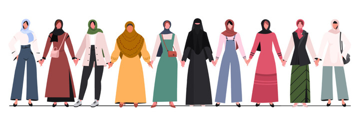 Group of young Muslim women in traditional hijabs and trendy clothes standing together and  holding hands. Concept of community, support, partnership, teamwork, social movement, unity, friendship and 