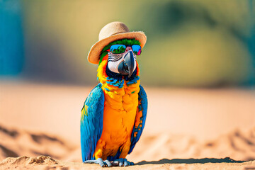image of colorful macaw on the beach sand glasses and straw hat - obrazy, fototapety, plakaty