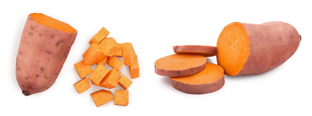 Sweet potato isolated on white background closeup. Top view. Flat lay.
