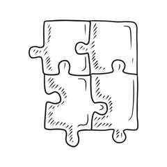 Four jigsaw puzzle on white background. Hand drawn vector sketch illustration in engraving doodle outline vintage line art style. children autism awareness day, team building, task, solution.