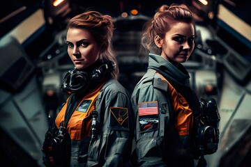 Portrait of female pilots in pilot's suit against the background of a military plane. Generative AI Art. - obrazy, fototapety, plakaty