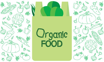 Eco-friendly bags for products. Organic fruits, vegetables and supermarket products. Vector