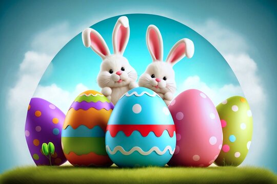 Cute white funny bunnies behind painted color easter eggs. Colored easter eggs with two cute and furries bunnies. Generative AI