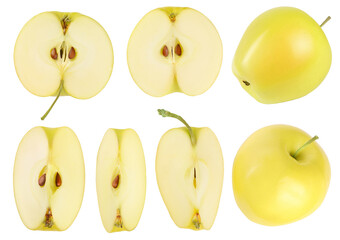 yellow apple slices isolated on white background with full depth of field. Top view. Flat lay
