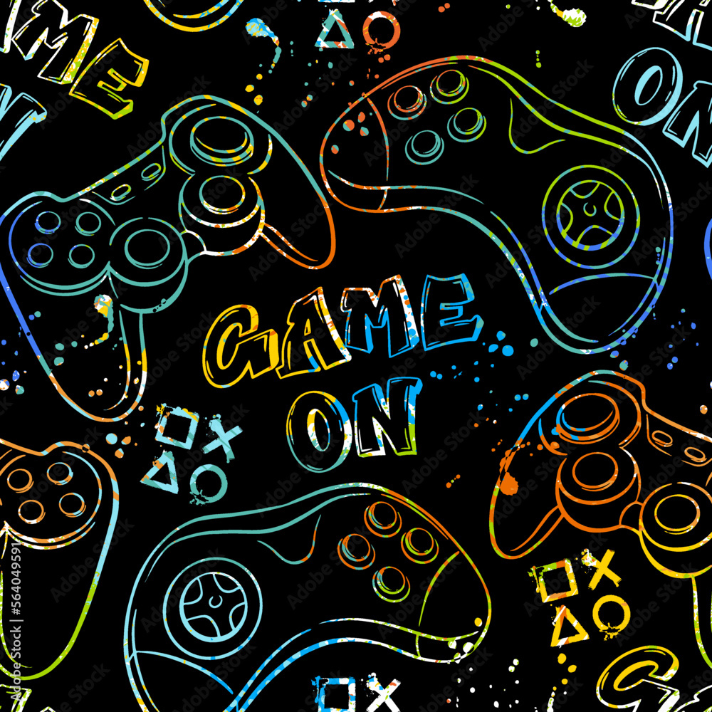 Fototapete seamless abstract pattern with colorful silhouettes joystick game. background for boys.