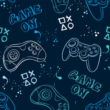 Seamless abstract pattern with colorful silhouettes joystick game. Background for boys.