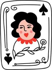 Playing card with Queen of Spades. Valentines Day illustration in doodle style