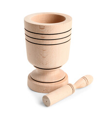 Wooden mortar with pestle on white background