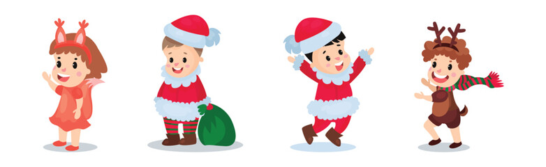 Cute Kids Character Wearing Christmas Costume Vector Set