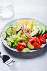 Tuna Salad, Healthy Food, Fresh Salad with Lettuce, Avocado, Cherries, Cucumber and Eggs on a Plate on Bright Background